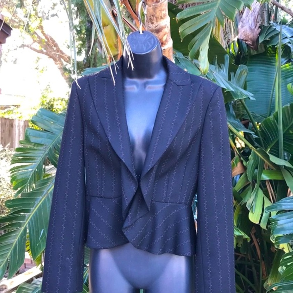 BCBG pinstripes ruffle peplum jacket